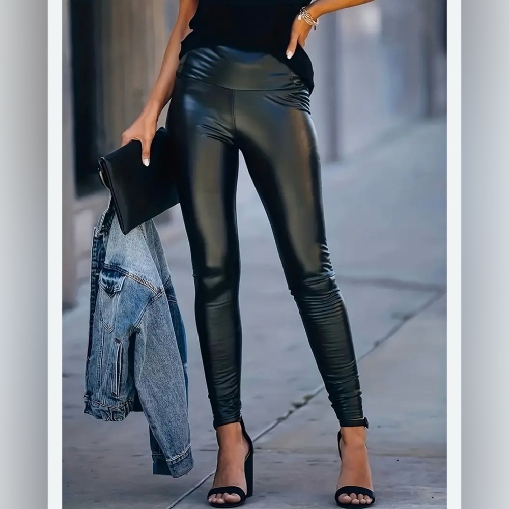 Faux Leather Leggings, Waist Control Support, Black, Fleece Lined, Size XL